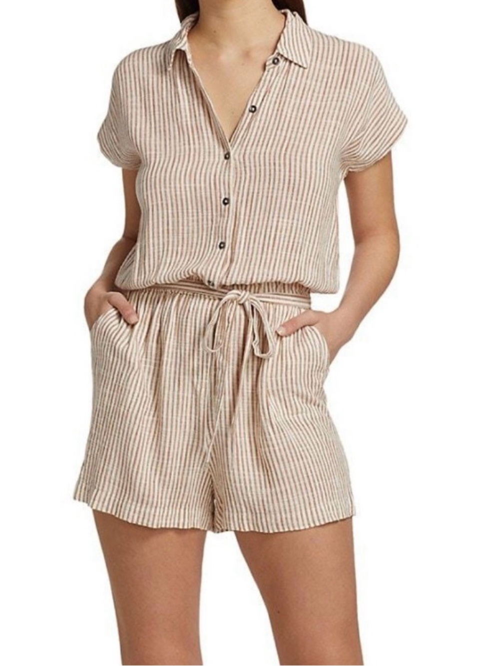 Splendid Linen Blend Pin Striped Tie-Waist Shorts Romper Pockets Button Front
